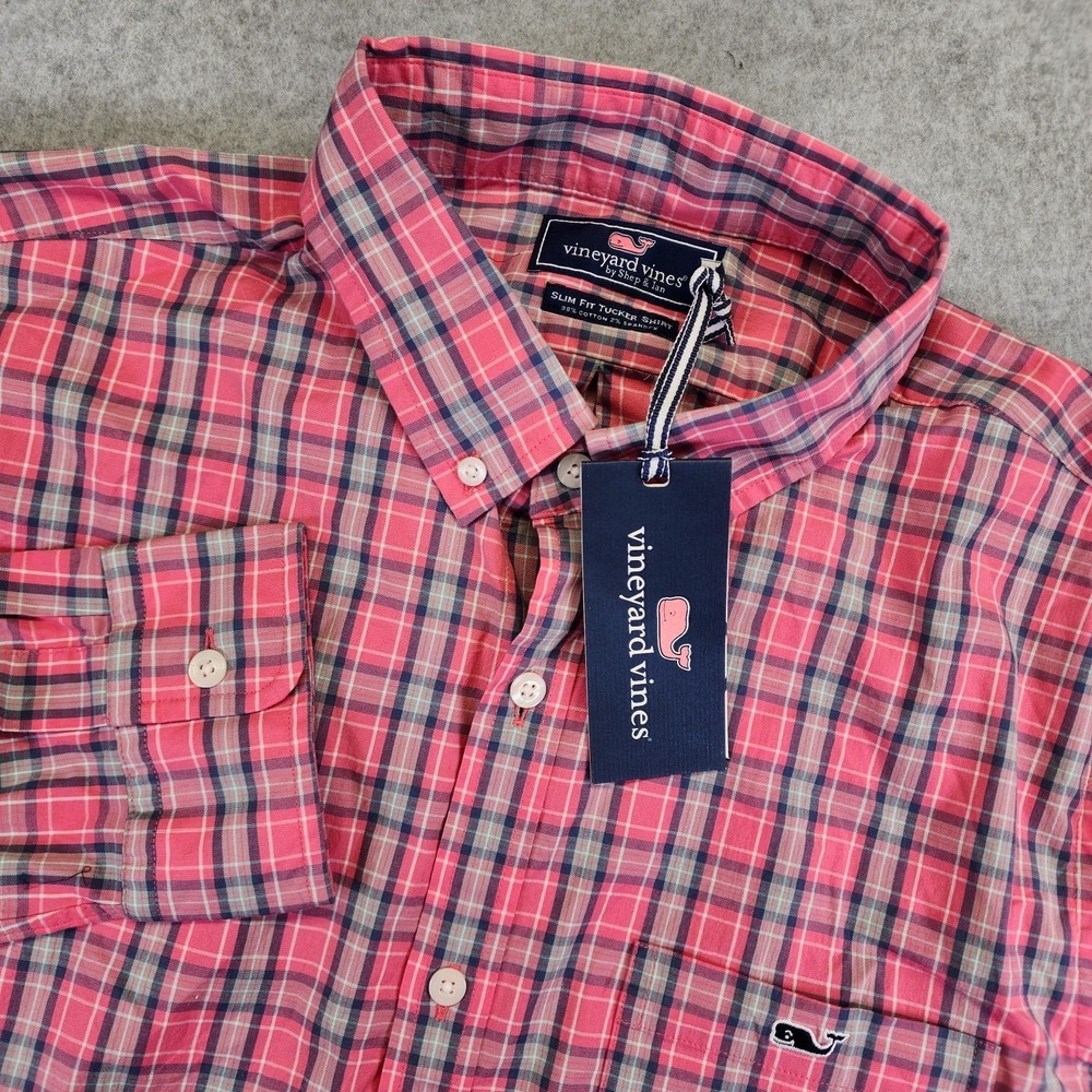 NEW Vineyard Vines Long Sleeve Button Tucker Shirt Slim Fit Men's‎ L Plaid Pink